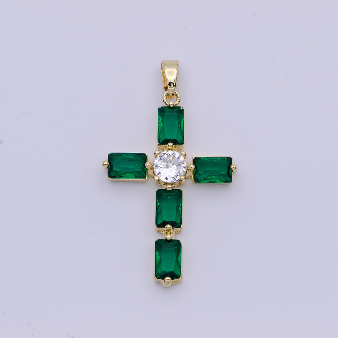 Emerald Green CZ Baguette Cross Pendant, 24K Gold Plated Clear Micro ...