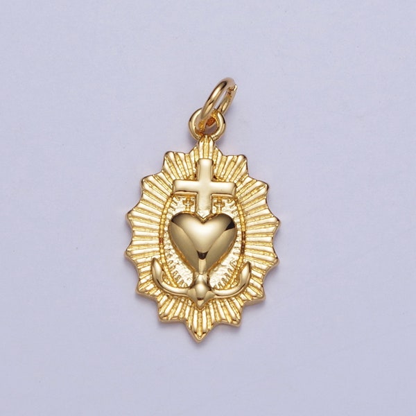Gold Dainty Sacred Heart of Jesus Charm, Gold Religious Sunburst Textured Design Charm, The Sacred Heart of Jesus Pendant |AG127
