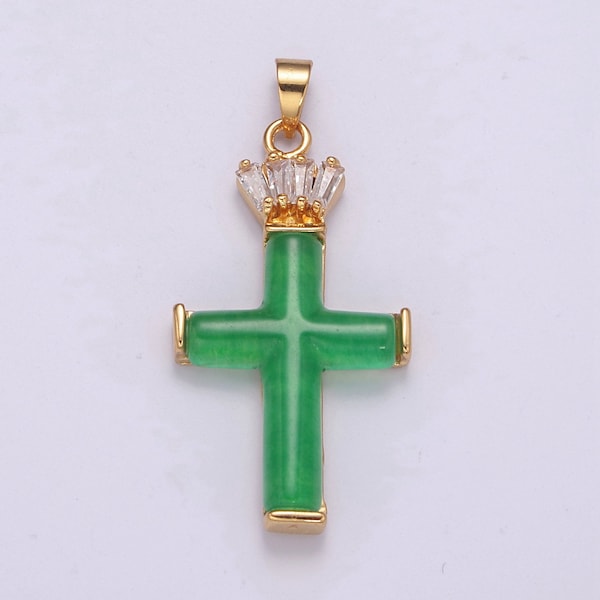 Dainty Green Jade Cross Pendant With CZ Crown for Necklace Earring Component Supply O-270