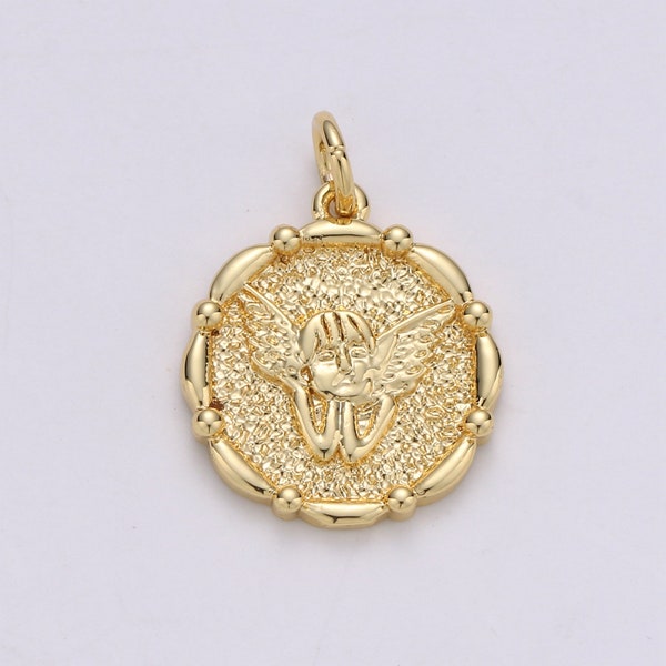 1 Stück 14k Gold Engel Anhänger Charme, Cherub Anhänger Charme, Medaillon Charme Runde Disc Münze Charme für DIY Schmuck, D676