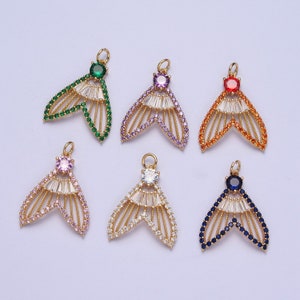 24K Gold Filled Mermaid Fish Tail Micro Pave CZ Pendants, Colorful Cubic Zirconia Baguette Stone Fish Tail Charms | X-188~X-193