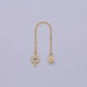 Back stopper w/ chain cz north star charm 2 pcs gold filled nickel free, butterfly clutch chain dainty earring back k-198