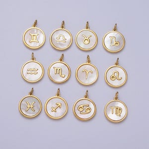 Medalion z perłą ze złota z motywem znaków zodiaku, wypełniony 24-karatowym złotem, zawieszka z masy perłowej, okrągła moneta z motywem urodzin, horoskop |