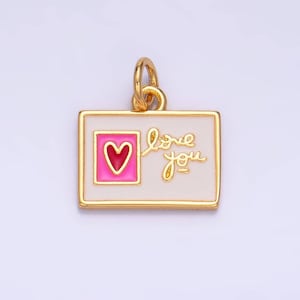 Delicado dije de postal dorado, dijes de carta de amor, dijes de San Valentín con corazón rojo rellenos de oro w276