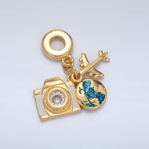 24k gold filled camera/earth/plane travel theme rondelle bail drop pendant | ac-083