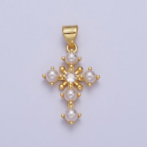 Gold CZ Mother of Pearl Cross Pendant, 24K Gold Plated North Star Clear Micro Paved CZ Natural Peals Religious Cross Charm | H-663