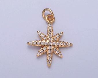 Ciondolo a forma di stella a otto punte in oro 16k, ciondolo a forma di stelle luminose del nord, ciondolo con zirconi cubici e micro pavé di zirconi cubici / x-263