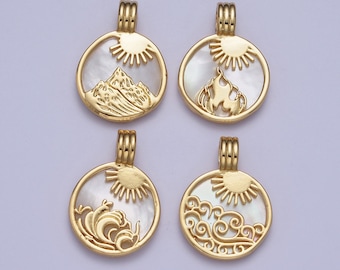 24K Gold Filled ELEMENT COLLECTION: Gold Element Sun Ray Pendants, Fire Wind Earth Water Coin Medallion Charms | X-402~X-405