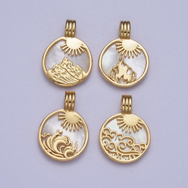 24K Gold Filled ELEMENT COLLECTION: Gold Element Sun Ray Pendants, Fire Wind Earth Water Coin Medallion Charms | X-402~X-405