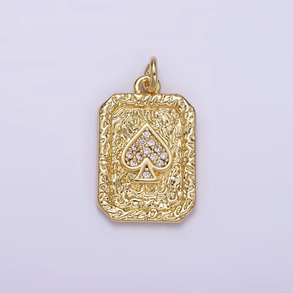 14K Gold Filled Spades Card Micro Paved CZ Rustic Rectangular Tag Charm Pendant | AG267