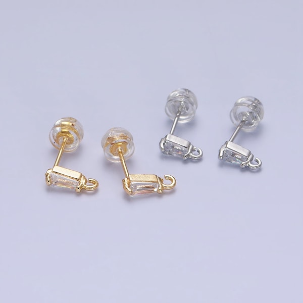 Tiny Baguette Cz Cubic Earring Post w/ open link, Nickel free 9x3mm Design 16K gold plated brass, CZ, Earring making post 1 pair Z176