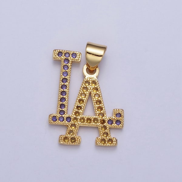Gold Los Angeles Charm, Purple Yellow Lakers Micro CZ Pave LA Sign Pendants for Necklace Component | X-423