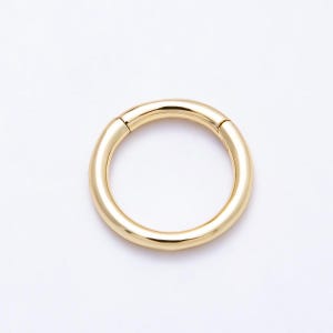 May include: A polished gold-tone circular hoop ring featuring a seamless hinged closure mechanism. The metal surface is smooth and reflective, forming a continuous round shape with a visible joint where the two ends of the hoop meet to secure.