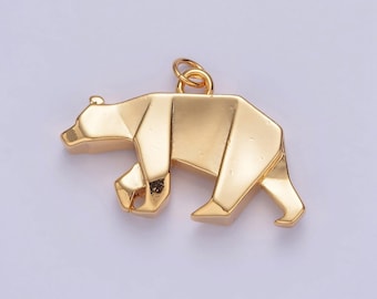 24k gold filled simple origami crawling bear pendant, minimalistic paper forest bear charms for diy jewelry | x-079