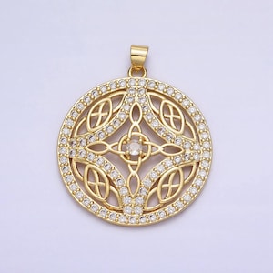Cubic circle statement medallion pendant micro pave round disc charm in 24k gold filled aa256