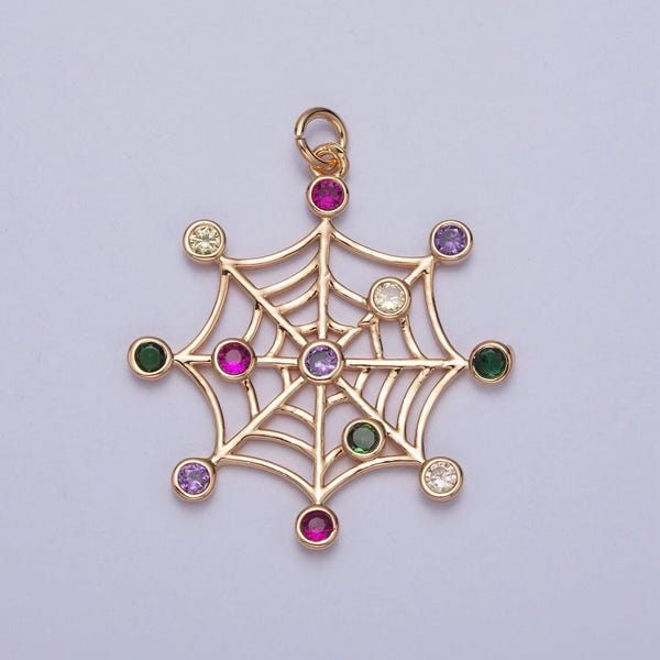 Colgante de telaraña en oro de 16 quilates con micro pavé de circonitas cúbicas de colores, dije de telaraña con piedras de colores para collar, pendiente y pulsera / x-215