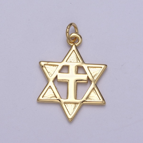 Gold Star of David Cross Pendant, Solid Magen David Jewish Star Jewelry  N-339