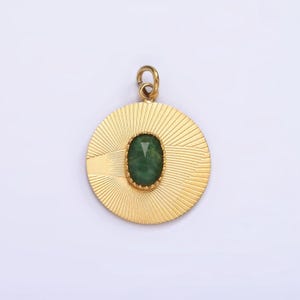 Stainless steel green aventurine multifaceted cabochon line-textured round charm in gold & silver | p1329