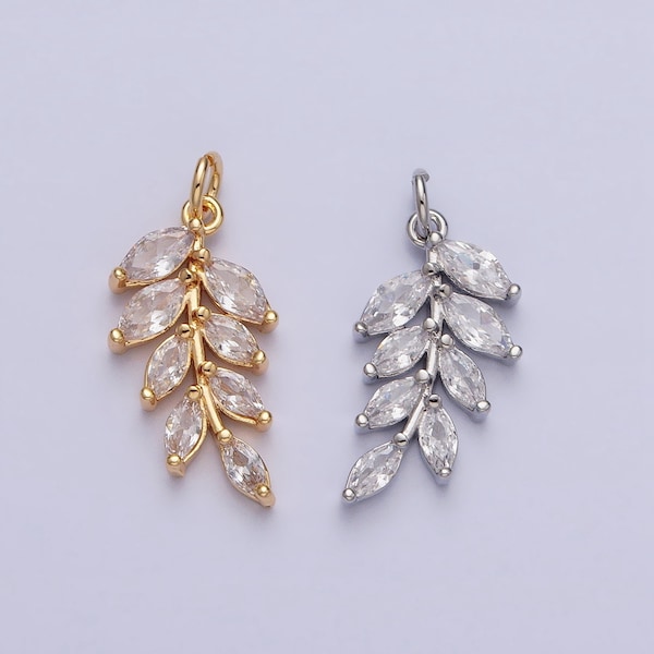 Mini Marquise CZ Gold Plated Olive Branch Leaf Charm, Earring Supplies, Necklace, Bracelet, Jewelry Pendant Charms AC-606