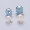 Round glass pearl pendant, blue and white various sizes round pearl ball gold plated charms |p-1558~p-1560