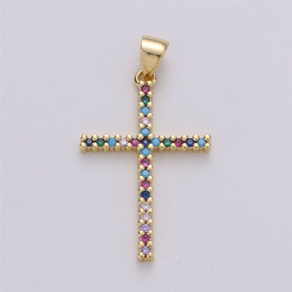 24K Gold Filled Dainty Cross Pendant with Turquoise and Micro Pave Multi Color Rainbow Cubic Zirconia CZ Stone for Necklace / Earrings I-585