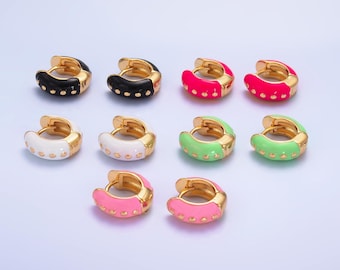 14mm Huggie colorful neon enamel gold hoop earring, pink, green ,black, white Hoop earring multi color small Jewelry T108