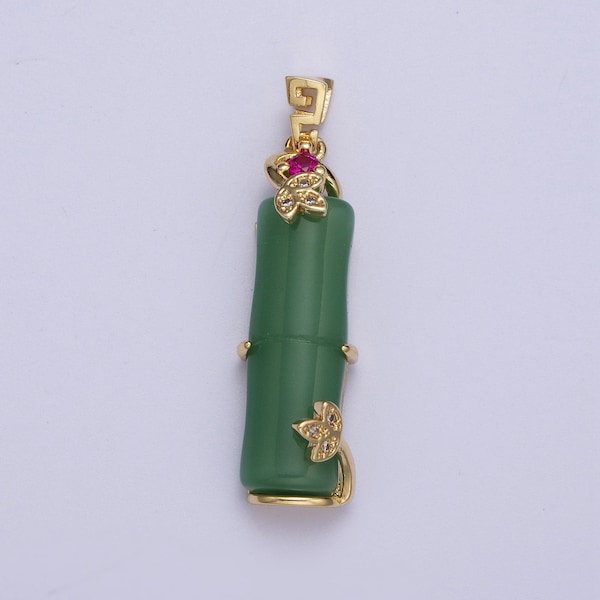 Gold Green Bamboo Pendant, 24K Gold Plated Micro Paved CZ Unique Bail Bamboo Leaf Charm | X-676