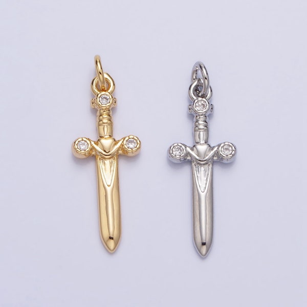 16K Gold Plated Dainty Knife Pendant Small Dagger Amulet Clear Micro CZ Pave | DIY Fashion Charm Add on Necklace Bracelet AC397 AC947