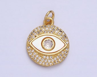 Dainty Gold Evil Eye Charm, 24K Gold Filled CZ Micro Pave Evil Eye Pendant, Evil Eye Necklace Charm 21.6x15mm AC-590