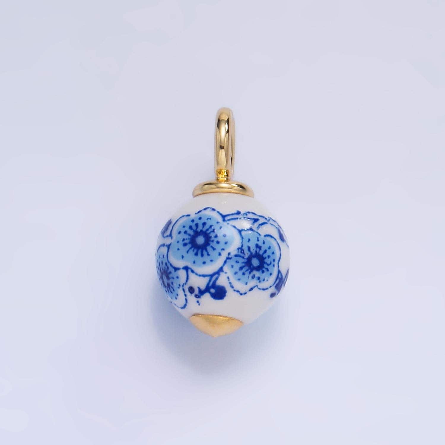 Dainty round  ceramic charm handmade blue hibiscus painting ceramic porcelain vintage charm for necklace bracelet jewelry making supply w122