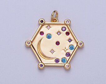 Hexagonal Celestial Moon and Stars Pendant, 16K Gold Plated