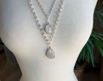 Double Strand Moonstone Pendant Necklace & Earring Set