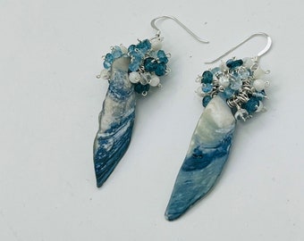Multi Blue Gemstone & Shell Cluster Earrings