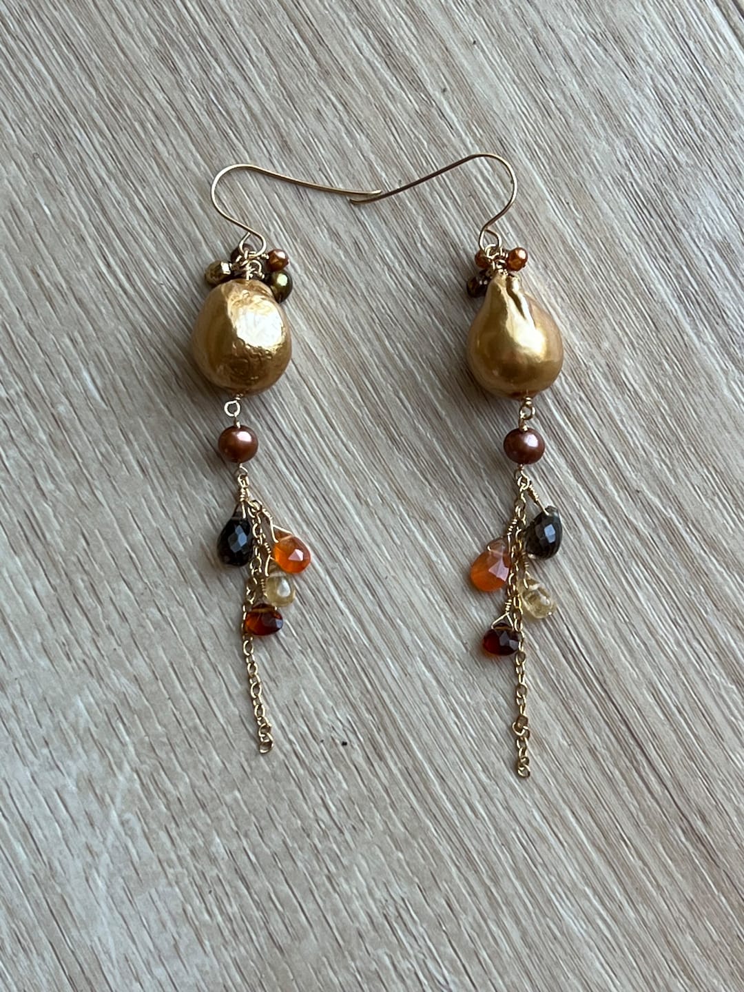 Large Copper Pearl & Autumn Gemstone Cluster Earrings Etsy