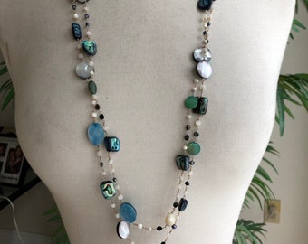 Abalone, Shell & Mother of Pearl Wire Wrapped 68" Necklace