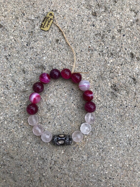 Hot Pink Agate Rose Quartz Polki Diamond Stretch Bracelet Etsy UK