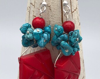 Ensemble Boucles D'oreilles + Collier Turquoise Et Perles De Corail - Occasion Très Bon état, Longueur 22