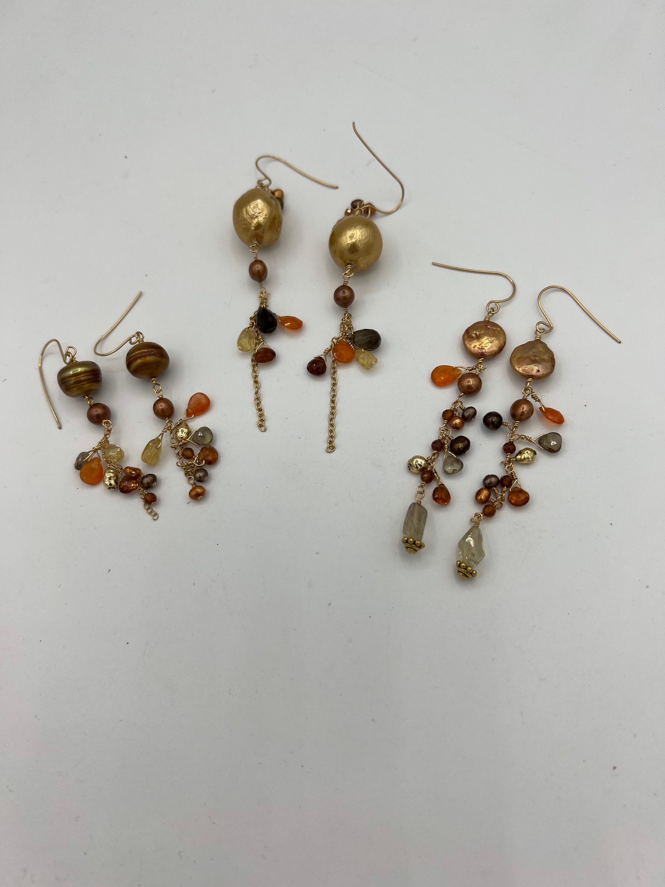 Large Copper Pearl & Autumn Gemstone Cluster Earrings Etsy