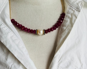 Colar Linha Diamante Rubi, Pérola e Pavimento