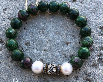 Ruby Zoisite, Pearl  & Diamond Bracelet