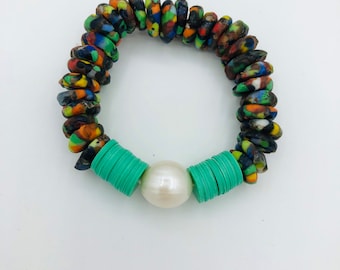 Pearl, Vinyl & Glass Bead Stretch Bracelet