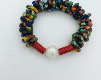 Pearl, Red Vinyl & Glass Bead Stretch Bracelet