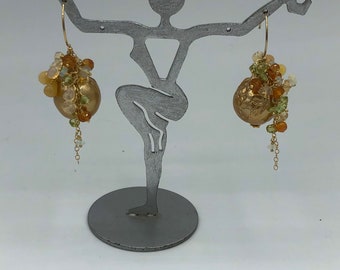 Gold Pearl & Multi Gemstone Cluster Earrings