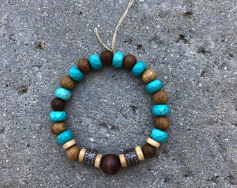 Wood, Turquoise and Pave Diamond Stretch Bracelet