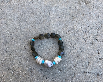 Pearl, Turquoise  & Labradorite Stretch Bracelet