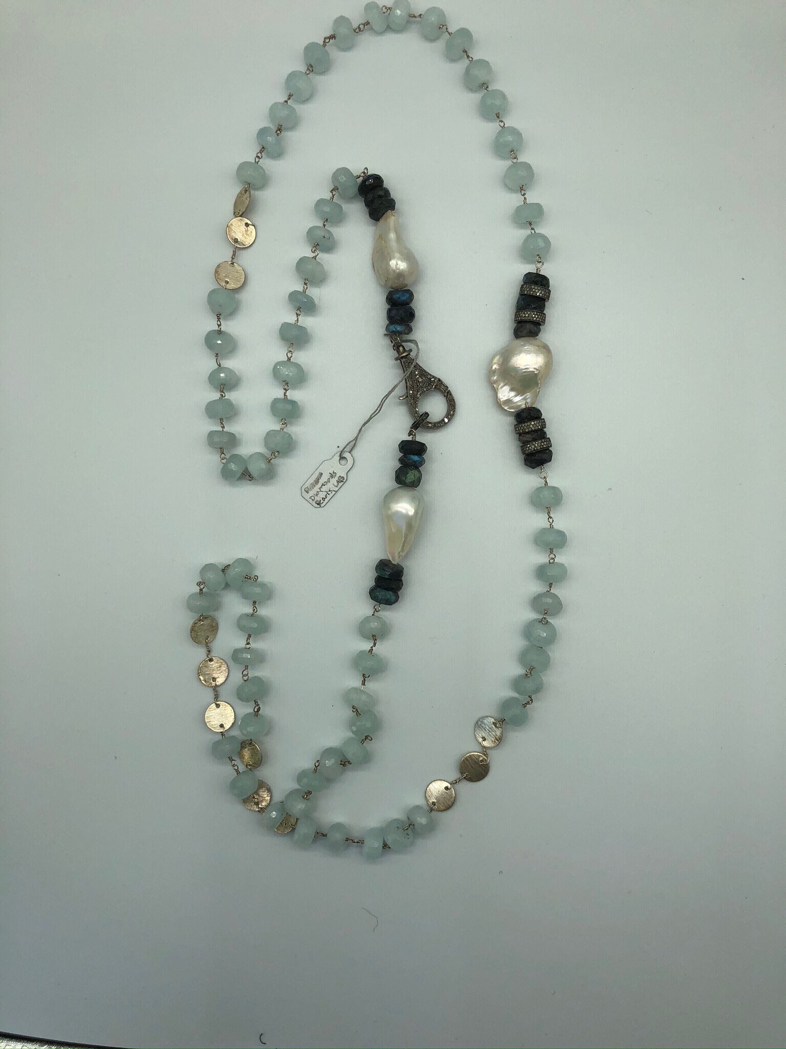 Aquamarine Pave Diamond Pearl & Labradorite Necklace - Etsy