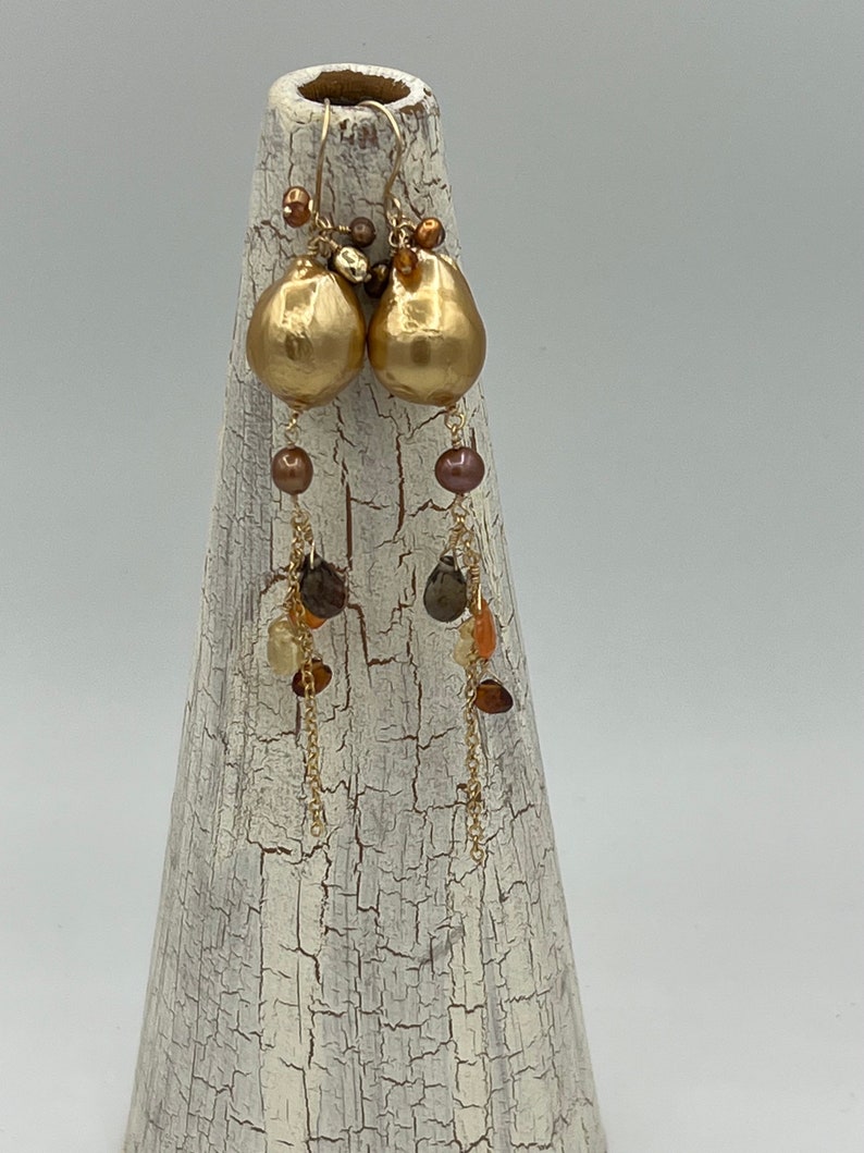 Large Copper Pearl & Autumn Gemstone Cluster Earrings Etsy