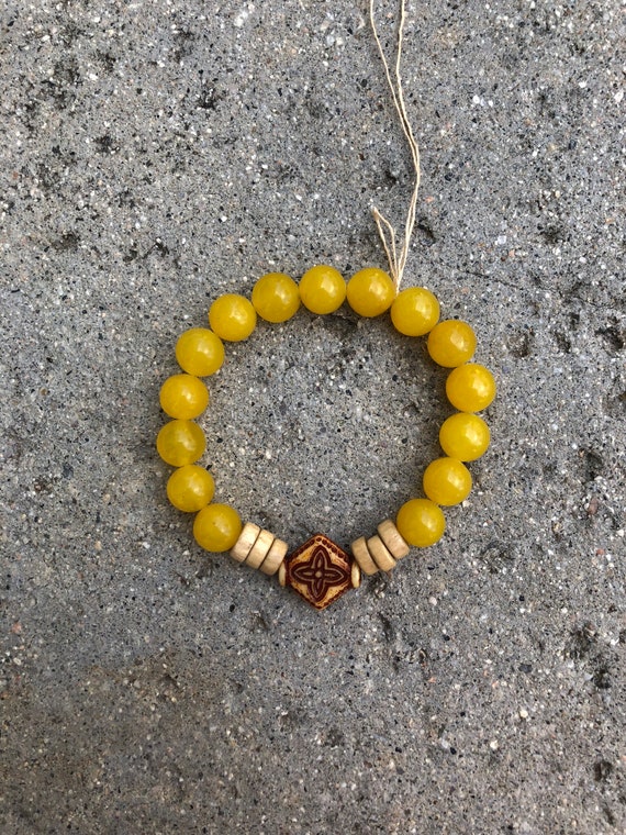 Yellow Jade, Wood Resin Bead Stretch Bracelet