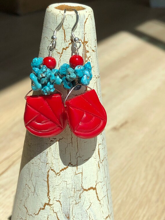 Ensemble Bijoux Boucles D'oreilles Et Collier Turquoise Et Corail - Longueur 22 Cm
