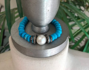 Sleeping Beauty Turquoise Bracelet with Pearl & Pave Diamonds